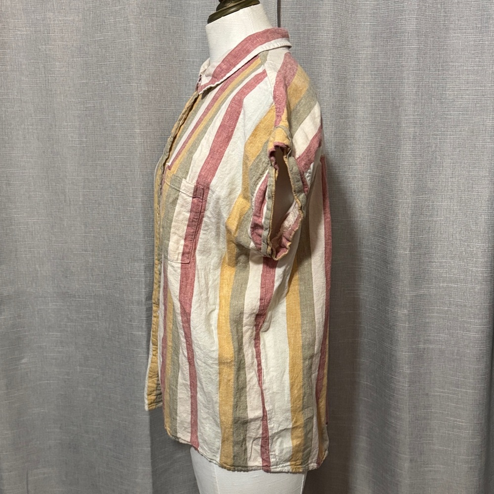 Threshold Rayon/Linen blend Button Up Shirt-Striped/Red/Mustard/Beige/Olive-Sz L - Picture 5 of 14